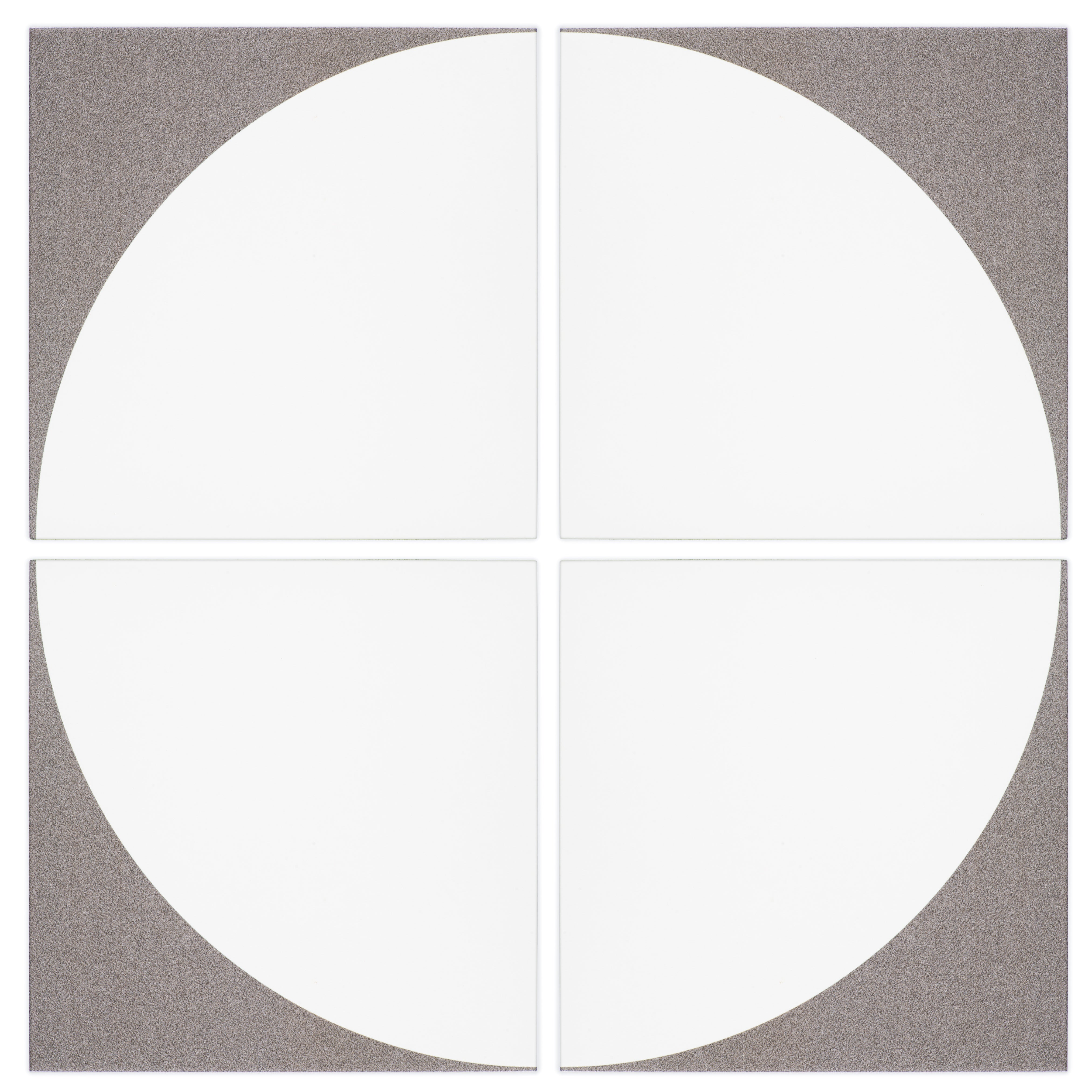 Harvest Moon Grey and White modern matte porcelain decorative pattern tile is reminiscent of the moon with a white semi circle for endless possibilities for your pattern of choice. 