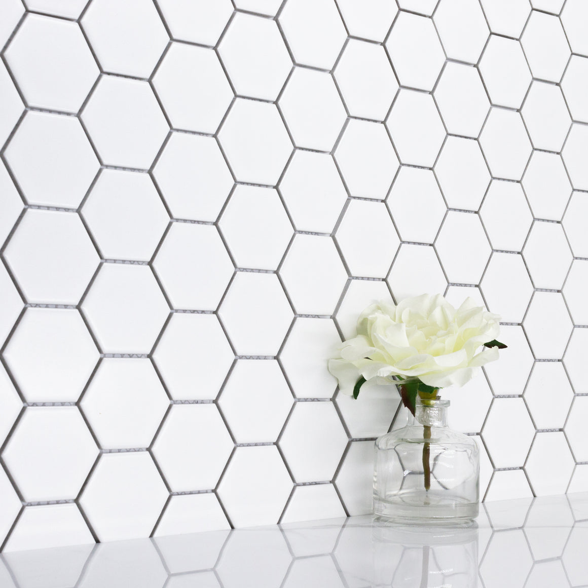 Hexa-Dot 2" Hexagon White bold matte porcelain mosaic for residential and commercial bathroom and kitchen floor and wall imported from China, Anatolia available from TilesInspired Canada's Online Tile Store delivering across Ontario and Quebec, including Toronto, Montreal, Ottawa, London, Windsor, Kitchener, Muskoka, Barrie, Kingston, Hamilton, and Niagara decoration idea