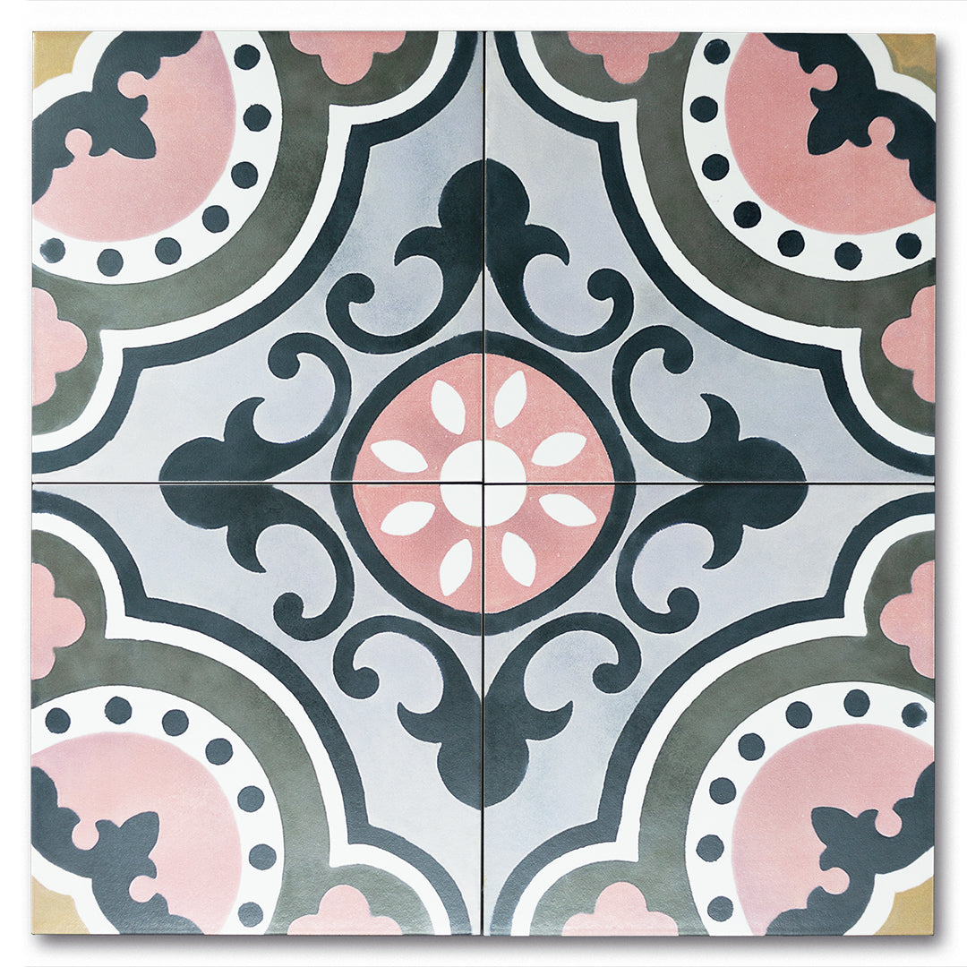 Joie de Vivre Black, Grey, White, Pink classic  porcelain decorative pattern tile for residential and commercial bathroom and kitchen floor and wall imported from Portugal, Kerion neocim Memory 02 available from TilesInspired Canada's Online Tile Store delivering across Ontario and Quebec, including Toronto, Montreal, Ottawa, London, Windsor, Kitchener, Muskoka, Barrie, Kingston, Hamilton, and Niagara renovation idea