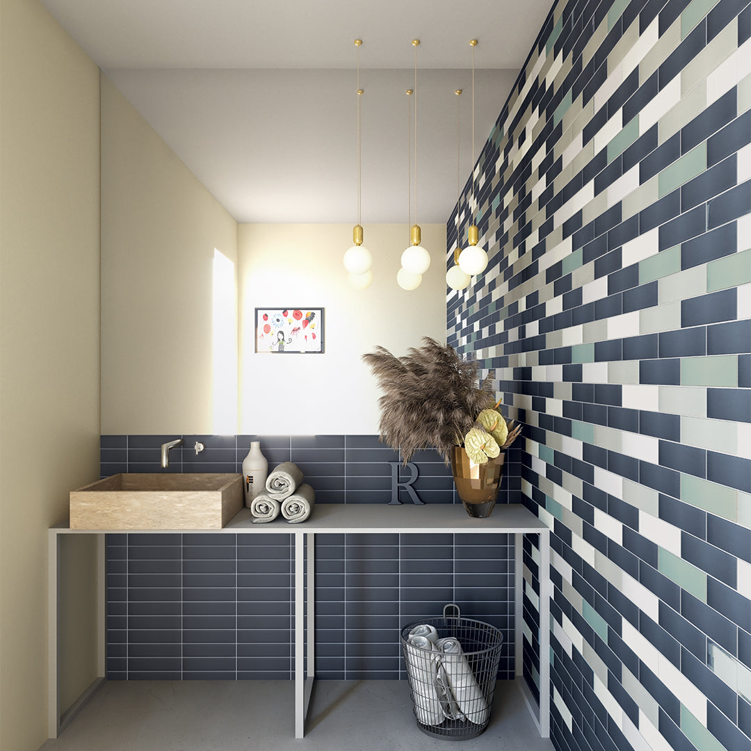 Manhattan Blue modern matte ceramic subway & candlestick tile for residential bathroom and kitchen floor and wall imported from Spain, Cevica Manhattan Turquoise available from TilesInspired Canada's Online Tile Store delivering across Ontario and Quebec, including Toronto, Montreal, Ottawa, London, Windsor, Kitchener, Muskoka, Barrie, Kingston, Hamilton, and Niagara tile idea