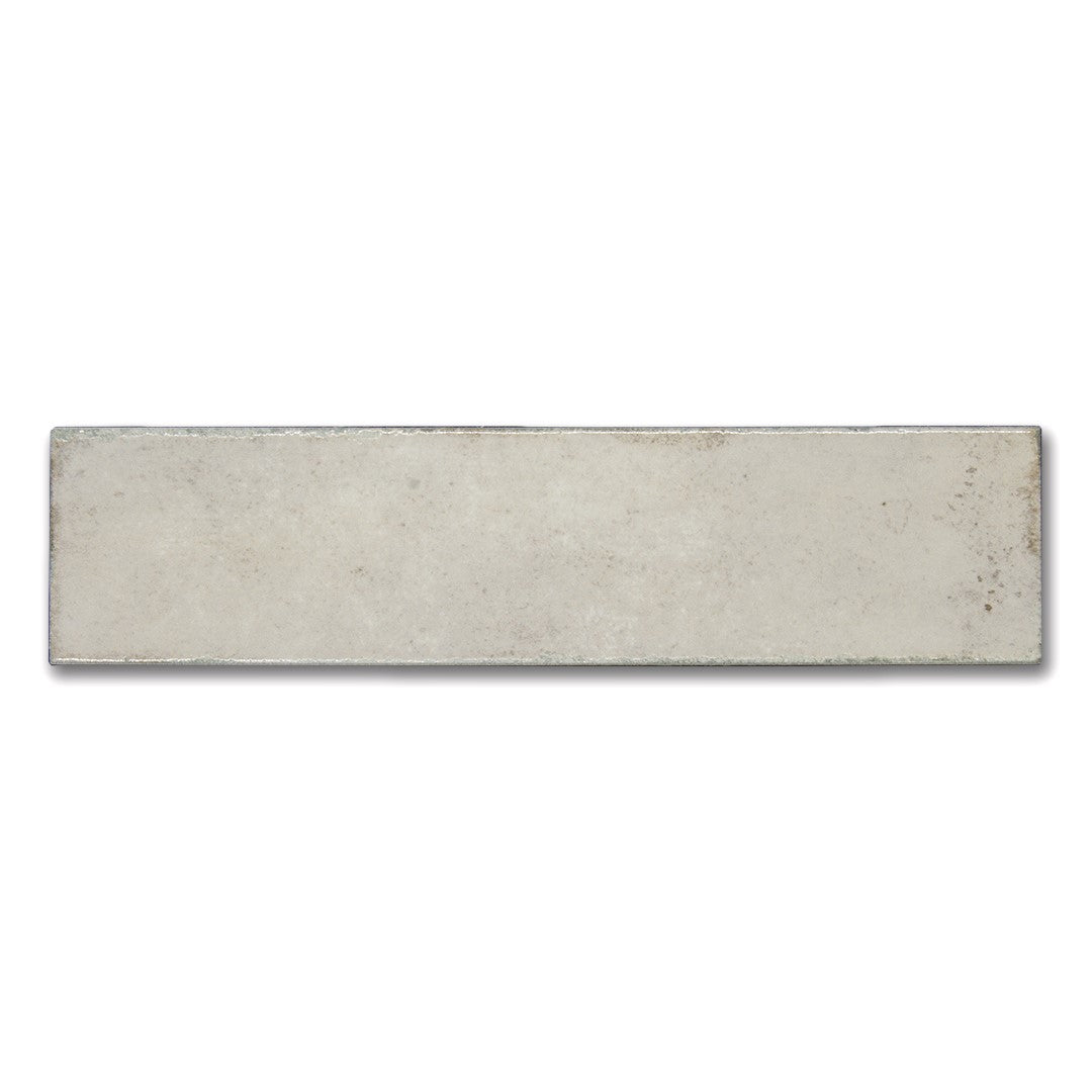 A single 2.5x8 grey glossy matisse subway tile. 