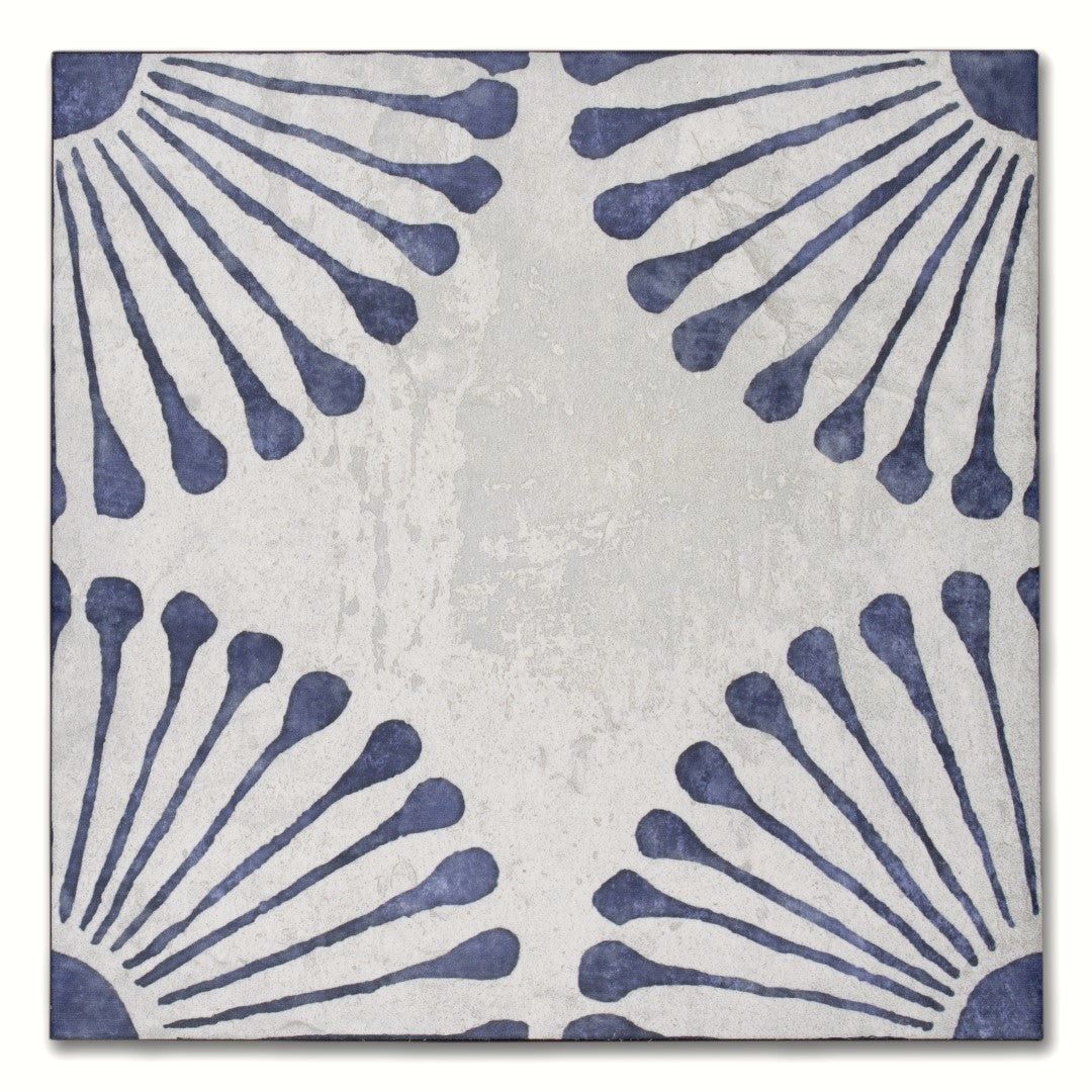 Miramar is a grey and blue flower circle pattern 8x8 tile. 