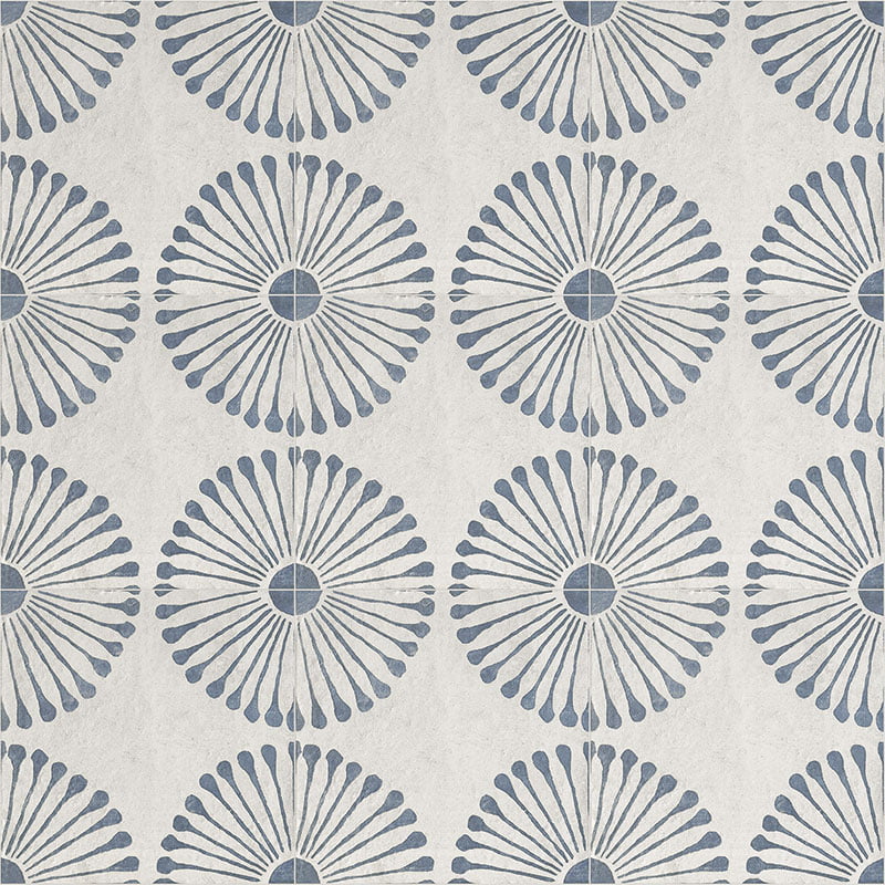 Miramar group of tiles, they are a grey and blue flower circle pattern 8x8 tile. 