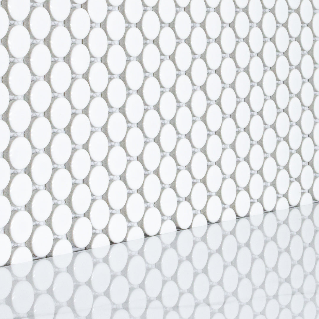 Polka-Dot Penny Round White White timeless glossy porcelain mosaic for residential and commercial bathroom and kitchen floor and wall and backsplash imported from China, Anatolia available from TilesInspired Canada's Online Tile Store delivering across Ontario and Quebec, including Toronto, Montreal, Ottawa, London, Windsor, Kitchener, Muskoka, Barrie, Kingston, Hamilton, and Niagara decoration idea