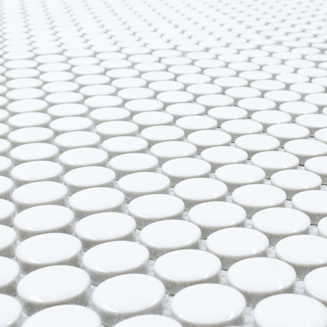 Polka-Dot Penny Round White White timeless glossy porcelain mosaic for residential and commercial bathroom and kitchen floor and wall and backsplash imported from China, Anatolia available from TilesInspired Canada's Online Tile Store delivering across Ontario and Quebec, including Toronto, Montreal, Ottawa, London, Windsor, Kitchener, Muskoka, Barrie, Kingston, Hamilton, and Niagara decoration idea