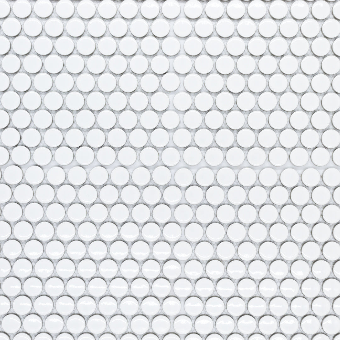 Polka-Dot Penny Round White White timeless glossy porcelain mosaic for residential and commercial bathroom and kitchen floor and wall and backsplash imported from China, Anatolia available from TilesInspired Canada's Online Tile Store delivering across Ontario and Quebec, including Toronto, Montreal, Ottawa, London, Windsor, Kitchener, Muskoka, Barrie, Kingston, Hamilton, and Niagara decoration idea
