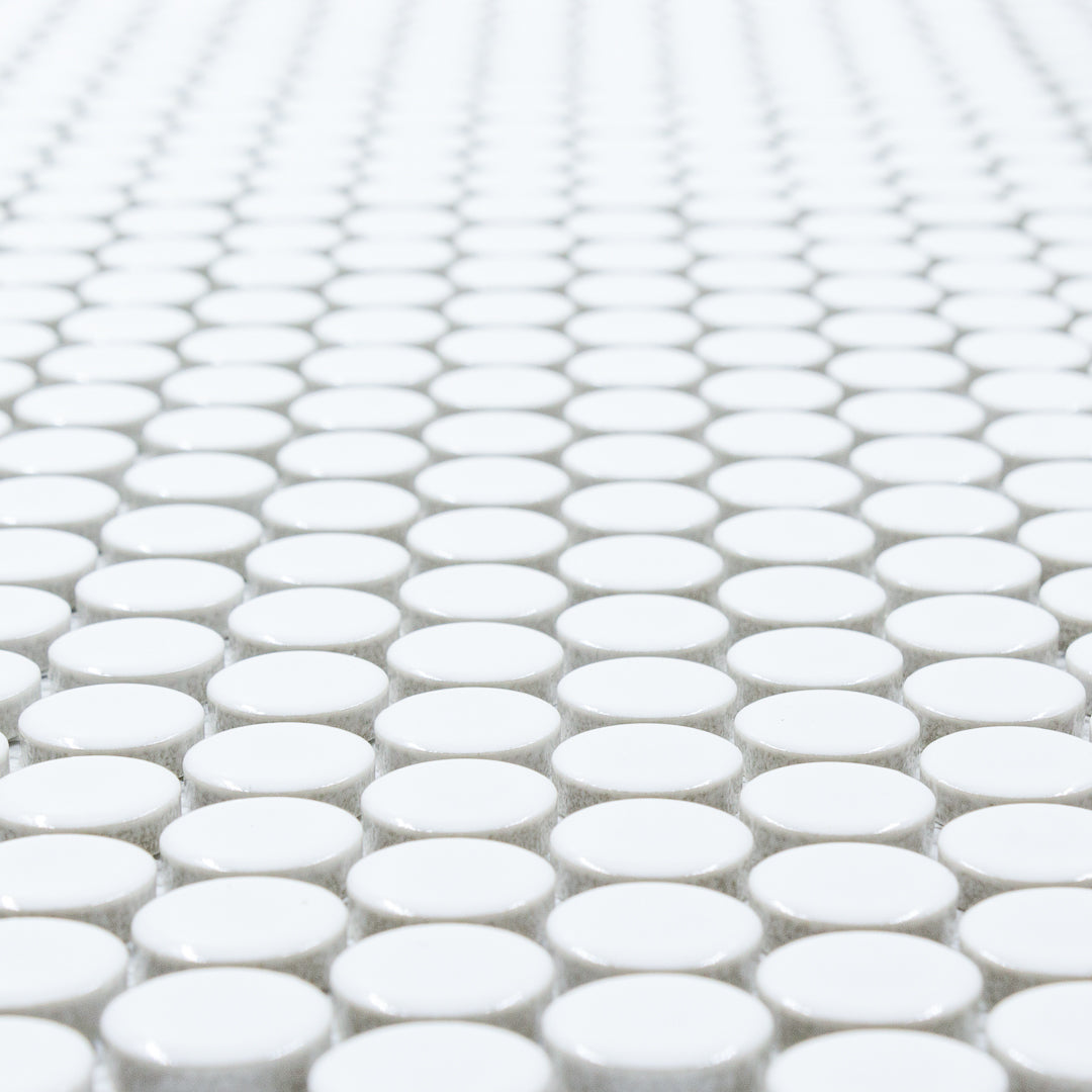 Polka-Dot Penny Round White White timeless glossy porcelain mosaic for residential and commercial bathroom and kitchen floor and wall and backsplash imported from China, Anatolia available from TilesInspired Canada's Online Tile Store delivering across Ontario and Quebec, including Toronto, Montreal, Ottawa, London, Windsor, Kitchener, Muskoka, Barrie, Kingston, Hamilton, and Niagara decoration idea