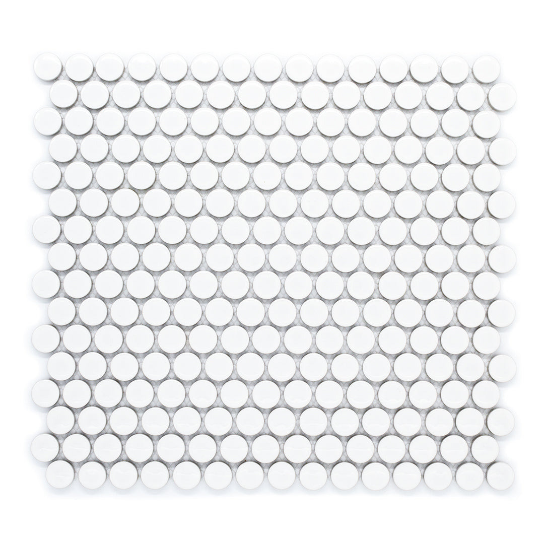Polka-Dot Penny Round White White timeless glossy porcelain mosaic for residential and commercial bathroom and kitchen floor and wall and backsplash imported from China, Anatolia available from TilesInspired Canada's Online Tile Store delivering across Ontario and Quebec, including Toronto, Montreal, Ottawa, London, Windsor, Kitchener, Muskoka, Barrie, Kingston, Hamilton, and Niagara decoration idea