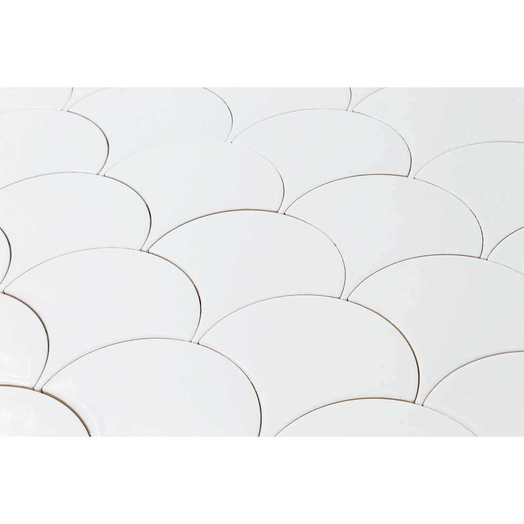 Scale Cloud Nine White bold glossy ceramic scale tile for residential and commercial bathroom and kitchen backsplash imported from Spain, Natucer Squama Rice available from TilesInspired Canada's Online Tile Store delivering across Ontario and Quebec, including Toronto, Montreal, Ottawa, London, Windsor, Kitchener, Muskoka, Barrie, Kingston, Hamilton, and Niagara tile idea