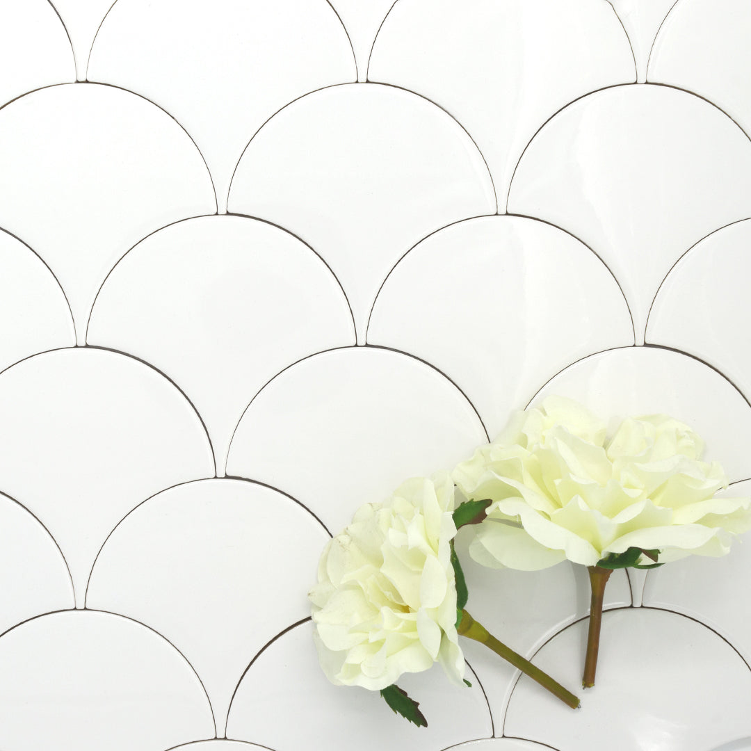 Scale Cloud Nine White bold glossy ceramic scale tile for residential and commercial bathroom and kitchen backsplash imported from Spain, Natucer Squama Rice available from TilesInspired Canada's Online Tile Store delivering across Ontario and Quebec, including Toronto, Montreal, Ottawa, London, Windsor, Kitchener, Muskoka, Barrie, Kingston, Hamilton, and Niagara tile idea