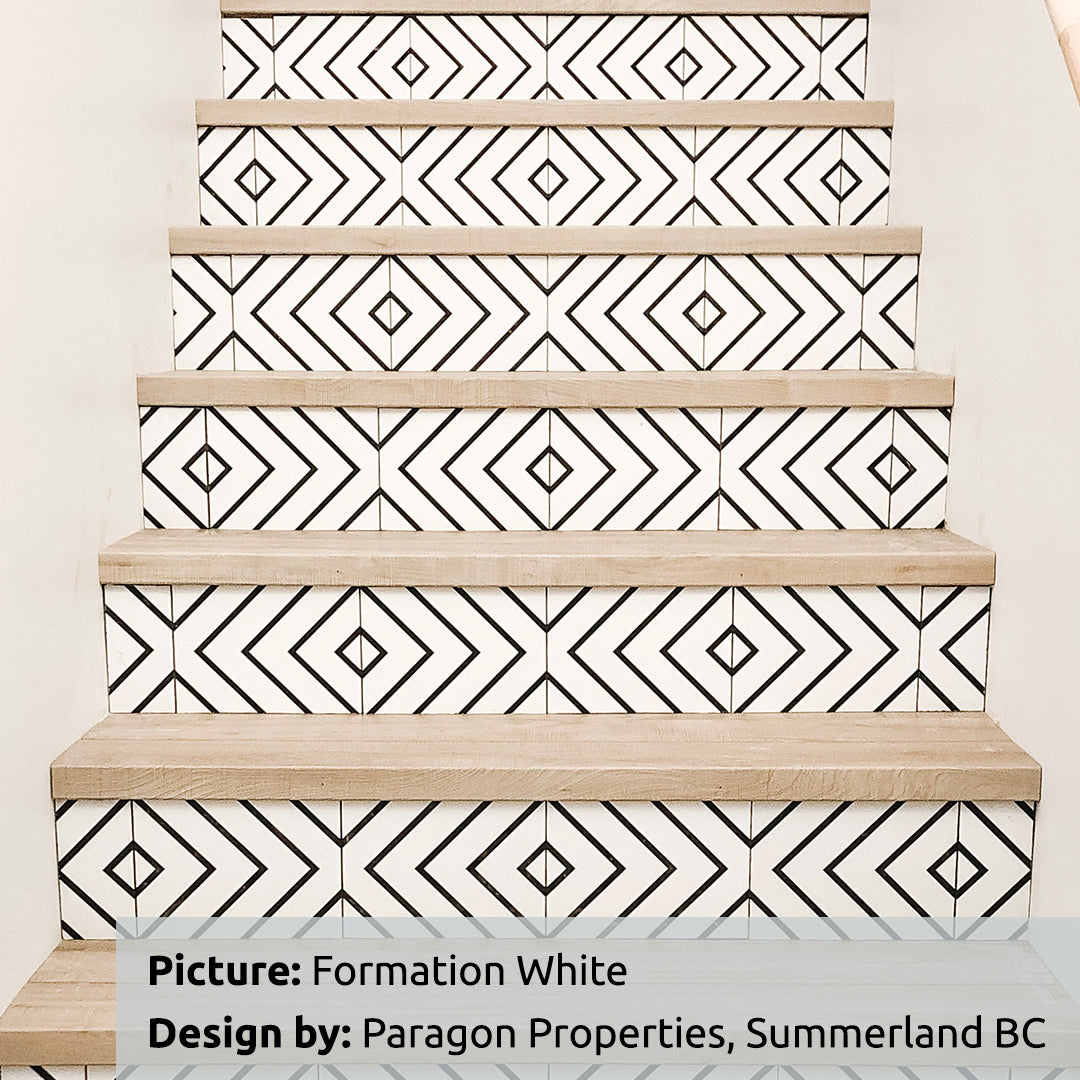 A modern staircase with formation white geometric pattern tiles on the risers. 