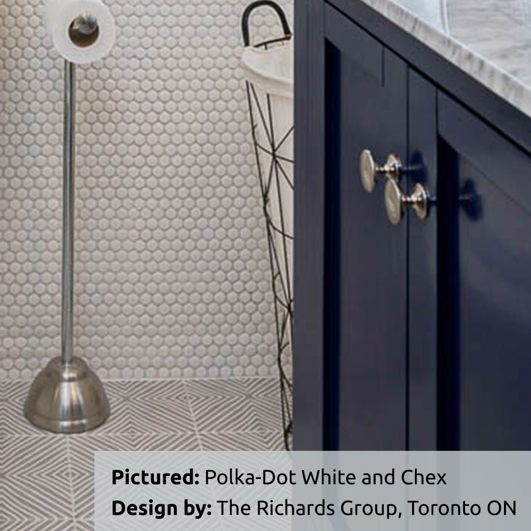 A clsoe up of a bathroom wall and floor tile. The wall tiles are polka dot penny white mosaic tiles and the floor is 8x8 chex diamond pattern grey tiles. 