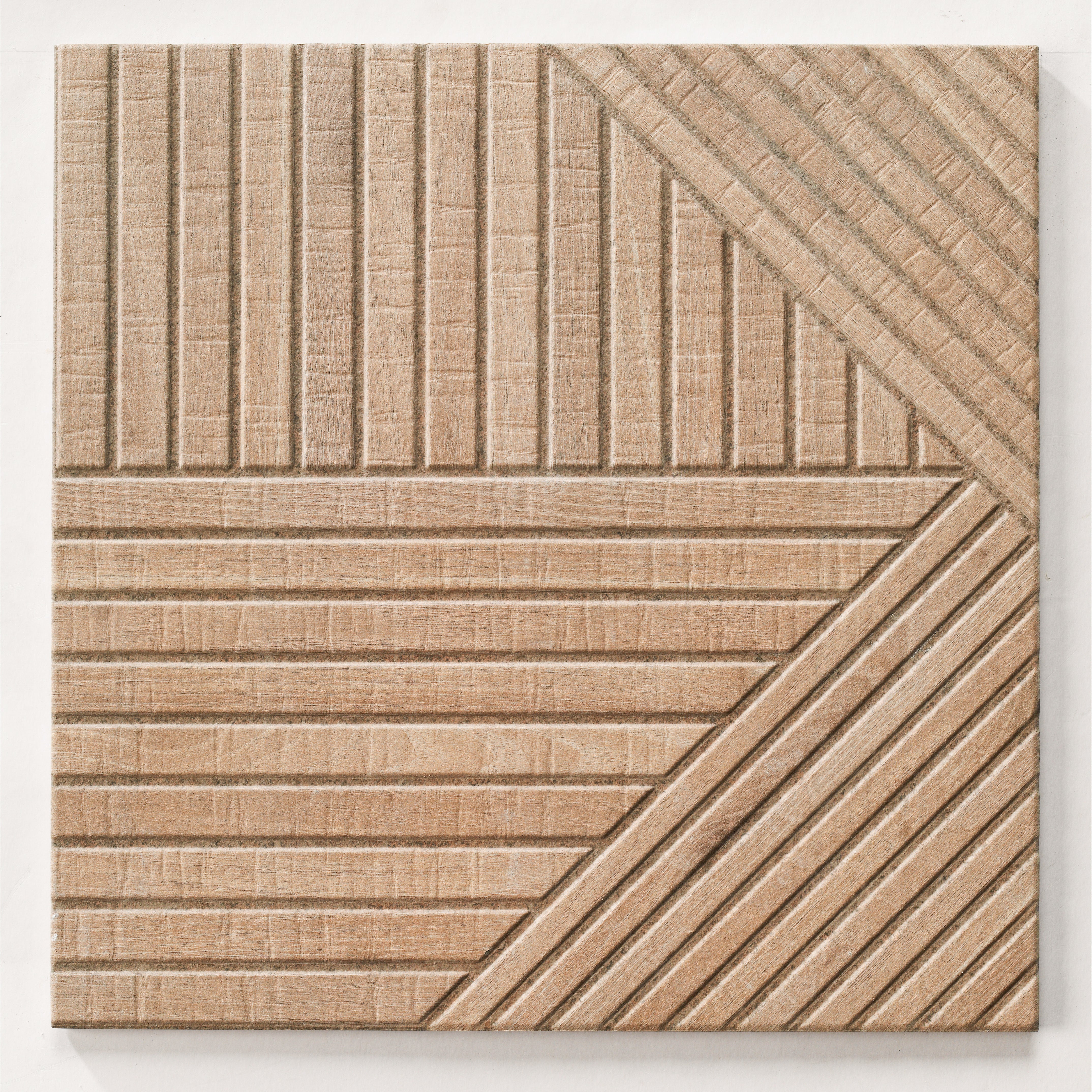 Tangram Oak minimalistic matte porcelain decorative pattern tile for residential bathroom and kitchen floor and wall imported from Spain. Realonda Tangram Oak Tiles have a faux-wood look with a random geometric fluted three dimensional pattern. 