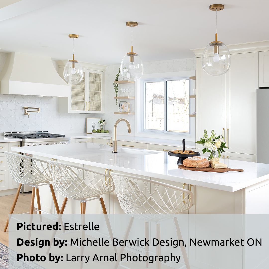 Bright white luxury kitchen with Estrelle White Star and Cross Porcelain Tile. Tile by Cevica and TilesInspired and available online across Canada.
