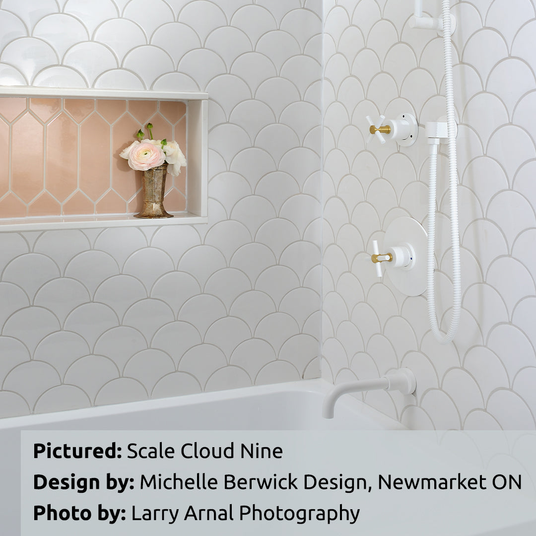 Scale Cloud Nine White bold glossy ceramic scale tile for residential and commercial bathroom and kitchen backsplash imported from Spain, Natucer Squama Rice available from TilesInspired Canada's Online Tile Store delivering across Ontario and Quebec, including Toronto, Montreal, Ottawa, London, Windsor, Kitchener, Muskoka, Barrie, Kingston, Hamilton, and Niagara tile idea