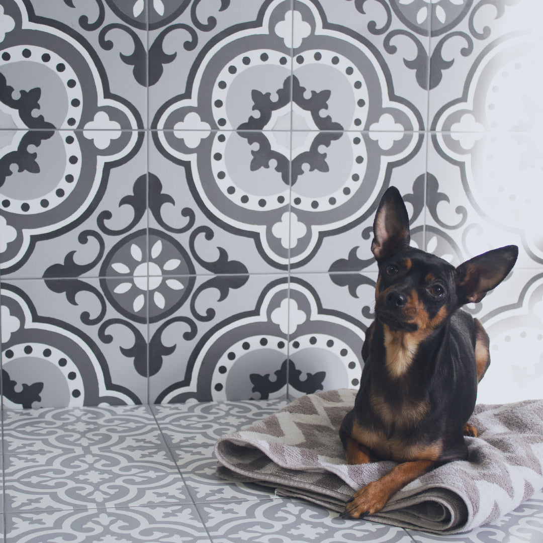 Fleur Greyscale classic matte porcelain decorative pattern tile for residential and commercial bathroom and kitchen floor and wall imported from Portugal, Kerion Décor Classic E Titane available from TilesInspired Canada's Online Tile Store delivering across Ontario and Quebec, including Toronto, Montreal, Ottawa, London, Windsor, Kitchener, Muskoka, Barrie, Kingston, Hamilton, and Niagara renovation idea